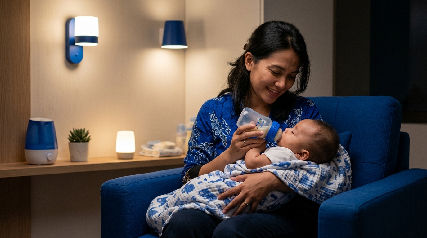 Ibu menyusui bayi di kamar redup